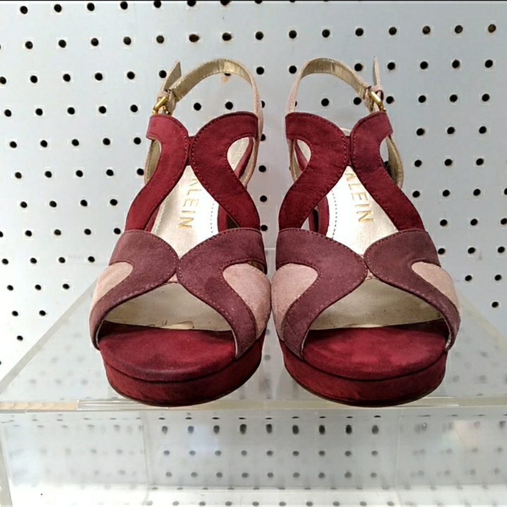 Anne Klein Women Burgundy Sandals Suede Straps Block Chunky Platform Heel Pump - Picture 8 of 12
